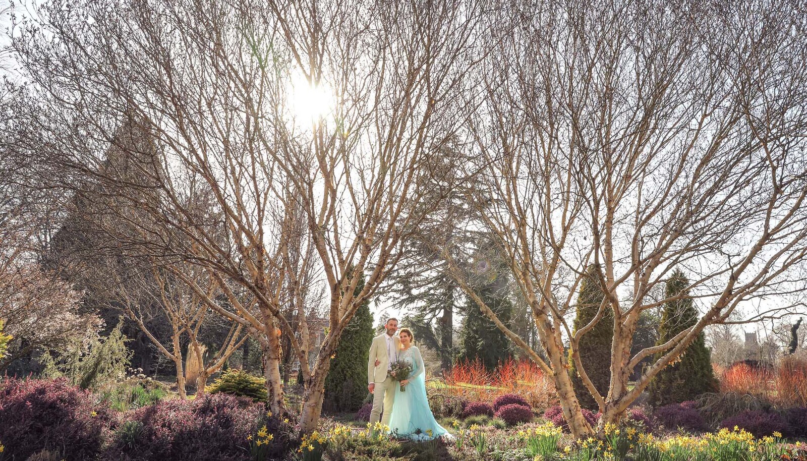 A bride and groom in the winter gardens at Sunset at Bressingham Hall and High Barn on their wedding day photographed by Suffolk Wedding Photographers Hayley Denston Photography