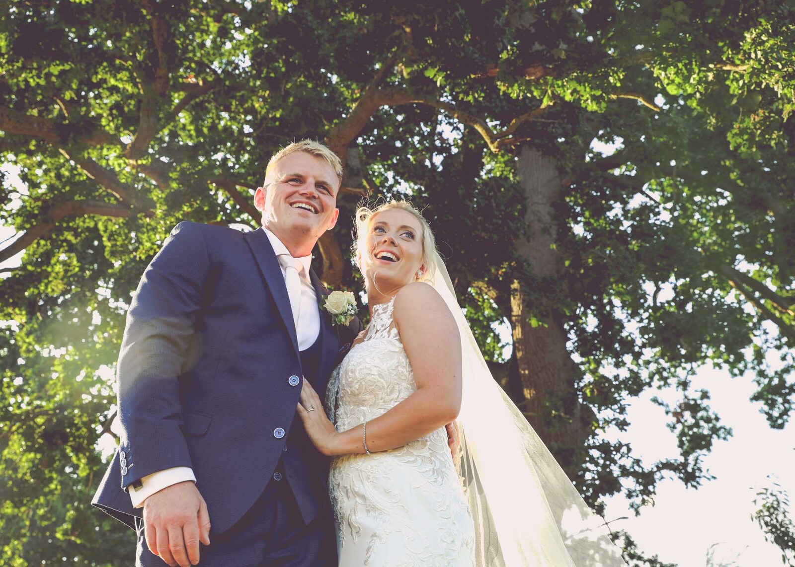 A bride and groom underneath a summer oak tree at Easton Grange Wedding Venue captured by Suffolk Wedding Photographers Hayley Denston Photography