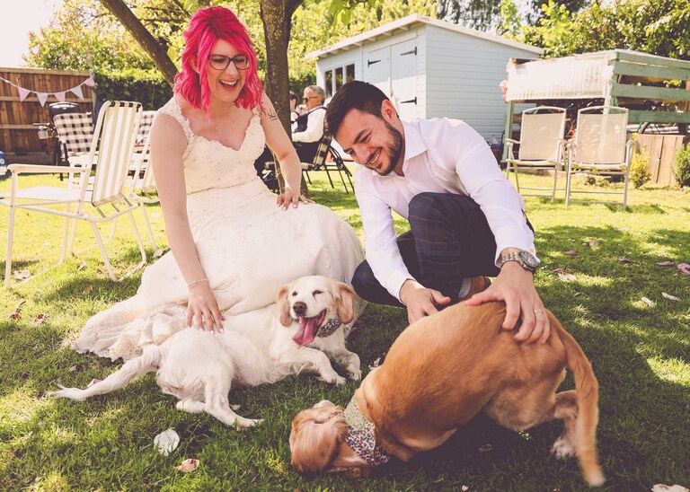 A bride and groom with their dogs in a back garden wedding reception on a wedding day in Suffolk captured by Suffolk Wedding Photographers Hayley Denston Photography