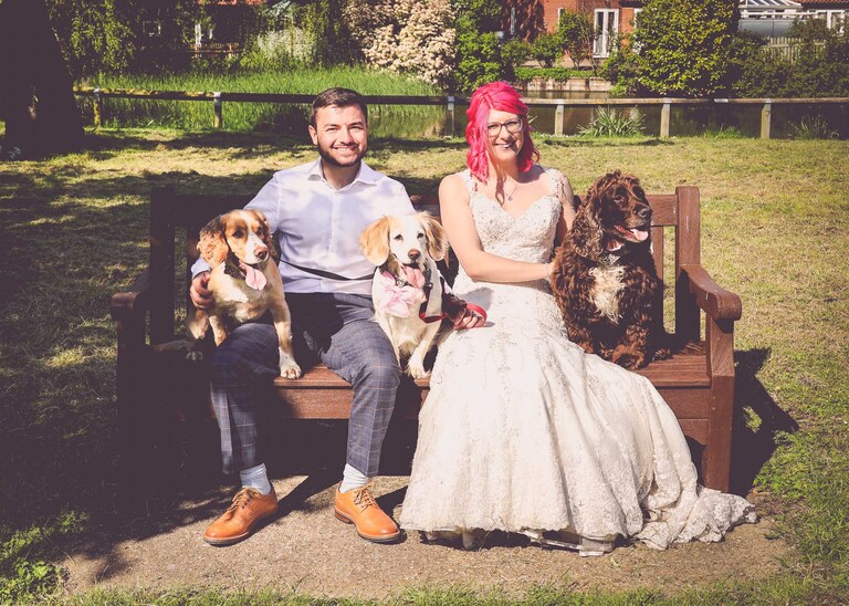 A bride and groom sat with their three dogs on their wedding day in Suffolk captured by Suffolk Wedding Photographers Hayley Denston Photography