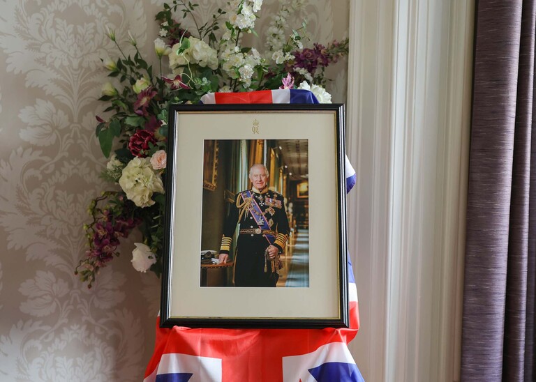 A framed photograph of king charles used during citizenship ceremonies at stowmarket registry office photographed by Suffolk Wedding Photographer Hayley Denston Photography