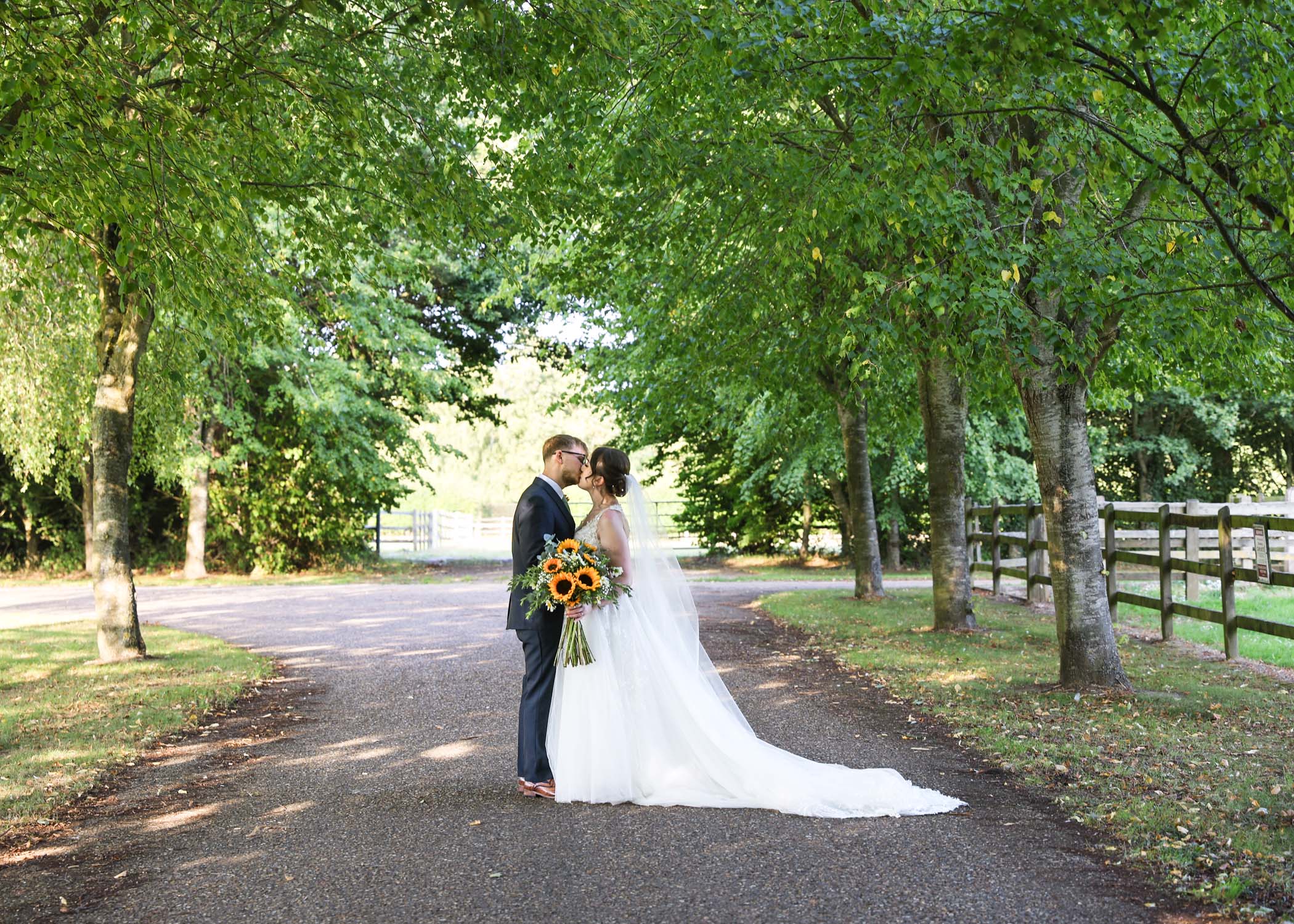 A bride and groom kissing in the middle of a tree lined avenue on a wedding day at Applewood Hall in Norfolk captured by suffolk and norfolk wedding photographer Hayley Denston Photography