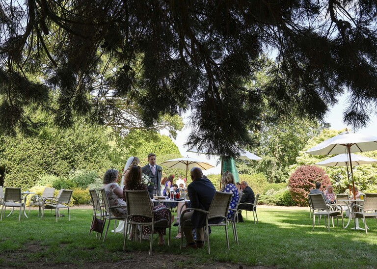 Guests sat under a large fir tree for shade at a wedding reception on a hot sunny day on a wedding day at Haughley Park Barn photographed by suffolk wedding photographer Hayley Denston Photography