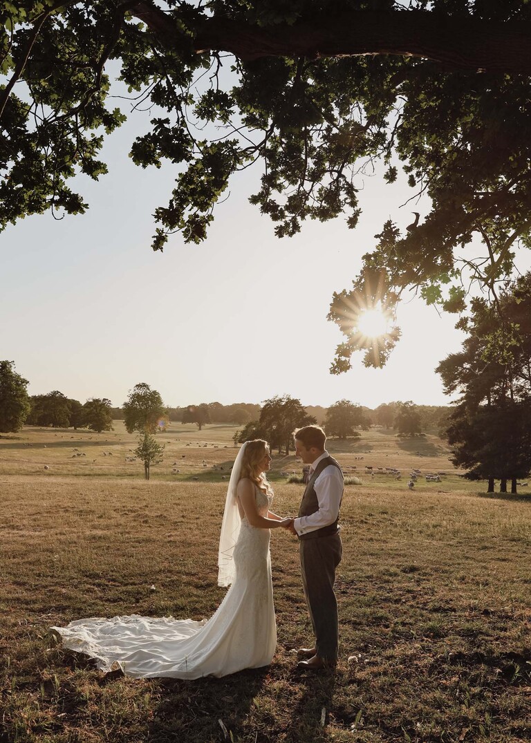 A bride and groom stood under an oak tree with the sun behind them at golden hour in parkland on a wedding day at Haughley Park Barn photographed by suffolk wedding photographer Hayley Denston Photography